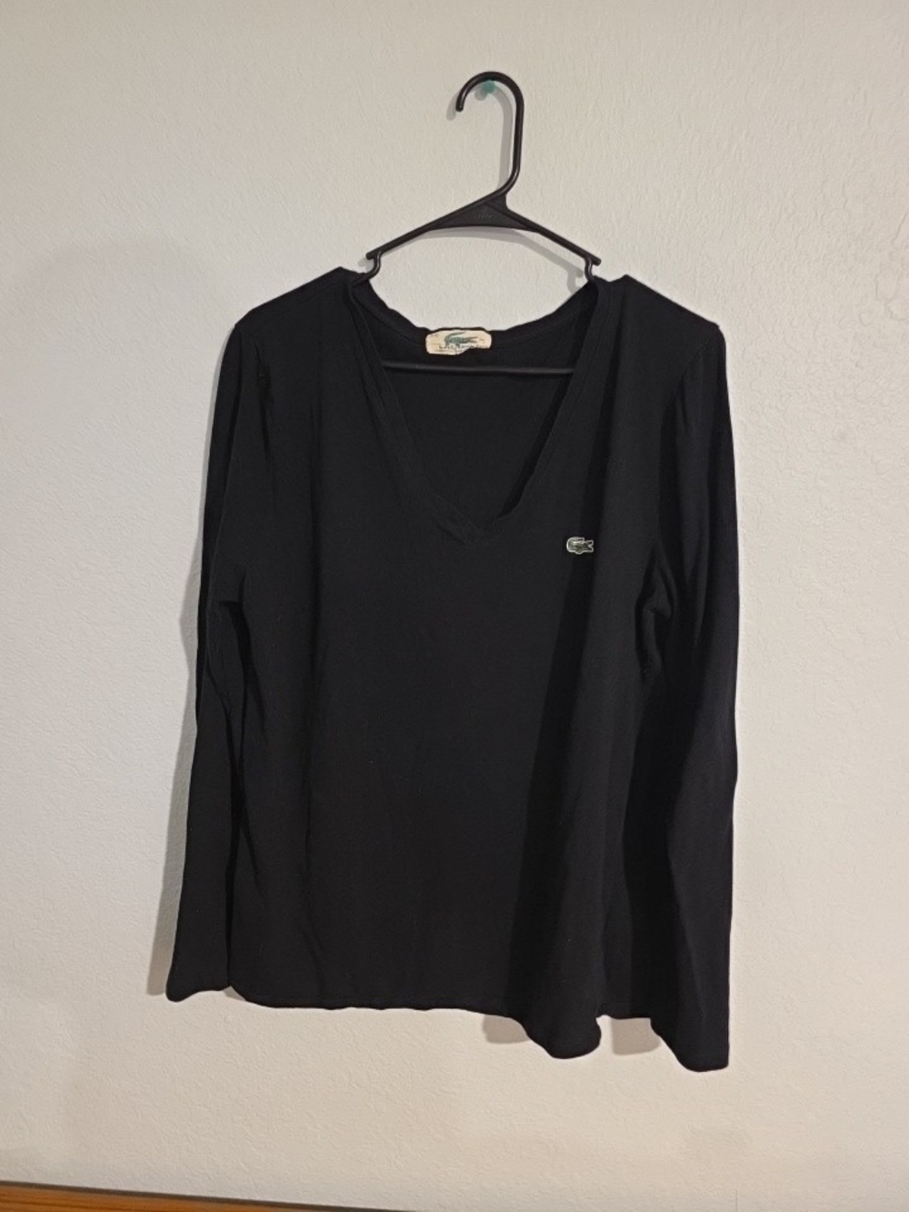 Lacoste Women’s Black V-Neck Long Sleeve Tee with Crocodile Logo